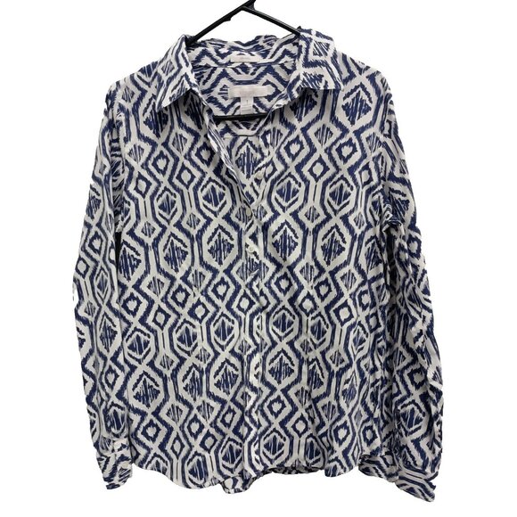Chicos Womens No Iron Shirt  Medium Blue White Preppy Long Sleeve Button Up - Picture 1 of 9